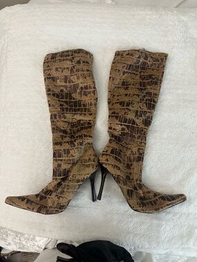 Brown Croc-Embossed Knee-High Stiletto Boots - Women